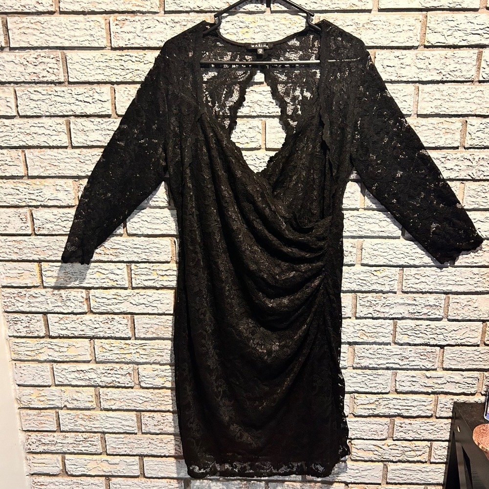 Marina Black Floral Lace Ruched Sheath Dress Size 14 Keyhole Back Three-Quarter